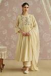 Shop_Kritika Dawar_Ivory Chanderi, Cotton Embroidery Round Neck Sairah Kota Hand Kurta Set 