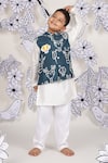 Buy_LA Dee DA_Teal Muslin, Silk, Cotton Embroidery Tribe Print Nehru Jacket Set _at_Aza_Fashions
