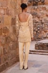 Shop_Awigna_Gold Net, Silk Sequins, Embroidery V-neck Champagne Short Kurta With Tulip Pant _at_Aza_Fashions