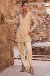 Buy_Awigna_Gold Net, Silk Sequins, Embroidery V-neck Champagne Short Kurta With Tulip Pant _at_Aza_Fashions
