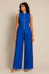Buy_Ozel_Blue Linen, Satin Mandarin Collar Top And Pant Set _at_Aza_Fashions