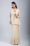 Buy_Samyukta Singhania_Beige Chinon, Tissue Beads V-neck, Embellished Jacket And Pre-draped Saree Set _at_Aza_Fashions