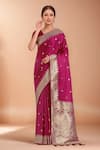 Buy_Samyukta Singhania_Pink Tassels, Zari V-neck Woven Banarasi Silk Saree With Blouse _at_Aza_Fashions