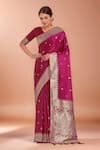 Buy_Samyukta Singhania_Pink Tassels, Zari V-neck Woven Banarasi Silk Saree With Blouse _Online_at_Aza_Fashions