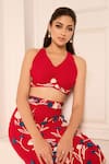 Nirmooha_Red Cotton Embroidery Plunge Neck Flower Skirt Set With Bralette _at_Aza_Fashions