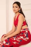 Buy_Nirmooha_Red Cotton Embroidery Plunge Neck Flower Skirt Set With Bralette 