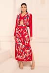 Buy_Nirmooha_Red Cotton Embroidery Open Neck Flower Jacket _at_Aza_Fashions