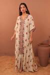 Shop_Surkh Syahi_Off White Muslin Mirrors, Tassels, Beads V-neck Albeli Long Kaftan _Online_at_Aza_Fashions