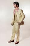 Shop_Jubinav Chadha_Green Linen, Tissue Fabric Flowers Crochet Garland Embroidered Blazer Set 