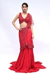 Buy_Rabiya Savlani_Red Satin, Tulle Beads, Embroidery V-neck Pre-draped Saree With Blouse _at_Aza_Fashions