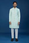 Arihant Rai Sinha_Blue Jacquard, Polyester, Viscose Embroidery, Floral Pattern Sherwani Set _Online_at_Aza_Fashions