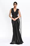 Buy_Rabiya Savlani_Black Satin, Tulle Embroidery V-neck Sculpted Saree Gown _at_Aza_Fashions