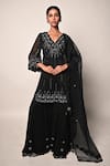 Buy_Rabiya Savlani_Black Satin, Tulle Embroidery V-neck Kurta Gharara Set _at_Aza_Fashions