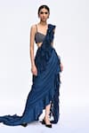 Buy_Rabiya Savlani_Blue Georgette Beads Round Neck Ruffle Pre-draped Saree With Blouse _at_Aza_Fashions