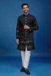 Buy_Arihant Rai Sinha_Black Silk, Polyester, Viscose Embroidery, Sequins Thread And Work Sherwani Set _Online_at_Aza_Fashions