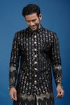 Shop_Arihant Rai Sinha_Black Silk, Polyester, Viscose Embroidery, Sequins Thread And Work Sherwani Set _Online_at_Aza_Fashions