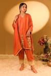 Buy_BO Tree_Rust Chanderi, Organza Embroidery V-neck Aiza Thread Work Kurta Set _at_Aza_Fashions