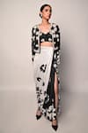 Buy_Rabiya Savlani_Black Satin, Tulle Fabric Flowers, Embroidery Open Neck, Jacket Skirt Set _at_Aza_Fashions