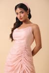 Samyukta Singhania_Peach Crepe Cowl Neck Halter Dress _at_Aza_Fashions