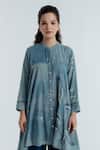 Shop_Rias Jaipur_Blue Cotton Embroidery, Beads Mandarin Collar, Indigo Geometric Pattern Shirt _Online_at_Aza_Fashions