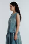 Shop_Rias Jaipur_Blue Cotton Embroidery, Beads Round Neck Indigo Sky Floral Pattern Top _Online_at_Aza_Fashions