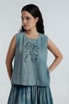 Rias Jaipur_Blue Cotton Embroidery, Beads Round Indigo Sky Floral Pattern Top With Skirt _at_Aza_Fashions