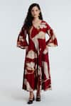 Buy_Rias Jaipur_Red Handloom Cotton Embroidery V-neck Madder Bell Sleeve Printed Dress _at_Aza_Fashions