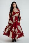 Shop_Rias Jaipur_Red Handloom Cotton Embroidery V-neck Madder Bell Sleeve Printed Dress _Online_at_Aza_Fashions