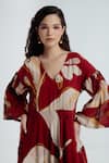 Shop_Rias Jaipur_Red Handloom Cotton Embroidery V-neck Madder Bell Sleeve Printed Dress 