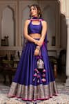 Shop_Pomcha Jaipur_Blue Taffeta, Silk, Net Gota Patti Halter Neck Lehenga Set _Online_at_Aza_Fashions