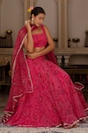Shop_Pomcha Jaipur_Pink Georgette Sequins, Mirrors Square Neck Bandhej Lehenga Set _Online_at_Aza_Fashions