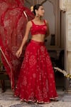 Buy_Pomcha Jaipur_Red Georgette Gota Patti, Embroidery Square Neck Bandhej Work Lehenga Set 
