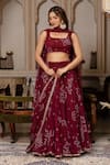 Shop_Pomcha Jaipur_Maroon Georgette Gota Patti, Embroidery Square Neck Bandhej Lehenga Set _Online_at_Aza_Fashions