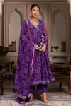 Buy_Pomcha Jaipur_Purple Georgette, Cotton Gota Patti V-neck Bandhej Angrakha Set _at_Aza_Fashions