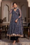 Buy_Pomcha Jaipur_Blue Georgette, Cotton Gota Patti V-neck Angrakha Set _at_Aza_Fashions