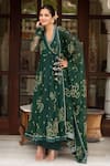 Shop_Pomcha Jaipur_Green Georgette, Cotton Sequins, Embroidery V-neck Bandhej Angrakha Set _at_Aza_Fashions