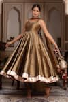Pomcha Jaipur_Gold Taffeta, Silk, Net Gota Patti, Tassels Sweetheart Neck Anarkali Set _Online_at_Aza_Fashions