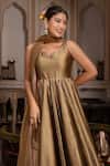 Pomcha Jaipur_Gold Taffeta, Silk, Net Gota Patti, Tassels Sweetheart Neck Anarkali Set _at_Aza_Fashions