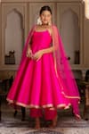 Buy_Pomcha Jaipur_Pink Taffeta, Silk, Net Embroidery Round Neck Rimjhim Anarkali Set _at_Aza_Fashions