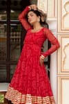 Shop_Pomcha Jaipur_Red Georgette, Cotton Gota Patti Round Neck Bandhej Anarkali Set _Online_at_Aza_Fashions