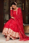 Pomcha Jaipur_Red Georgette, Cotton Gota Patti Round Neck Bandhej Anarkali Set _at_Aza_Fashions