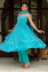 Pomcha Jaipur_Blue Georgette, Cotton Round Neck Aasmani Bandhej Anarkali Set _Online_at_Aza_Fashions