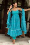 Buy_Pomcha Jaipur_Blue Georgette, Cotton Round Neck Aasmani Bandhej Anarkali Set _at_Aza_Fashions
