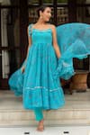 Buy_Pomcha Jaipur_Blue Georgette, Cotton Round Neck Aasmani Bandhej Anarkali Set _Online_at_Aza_Fashions