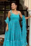 Pomcha Jaipur_Blue Georgette, Cotton Round Neck Aasmani Bandhej Anarkali Set _at_Aza_Fashions