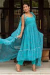 Buy_Pomcha Jaipur_Blue Georgette, Cotton Round Neck Aasmani Bandhej Anarkali Set 