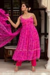 Shop_Pomcha Jaipur_Pink Georgette, Cotton Round Neck Gulaal Bandhej Anarkali Set _Online_at_Aza_Fashions