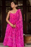 Pomcha Jaipur_Pink Georgette, Cotton Round Neck Gulaal Bandhej Anarkali Set _at_Aza_Fashions