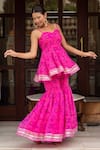 Pomcha Jaipur_Pink Georgette Embroidery Sweetheart Neck Bandhej Kurta Sharara Set _Online_at_Aza_Fashions
