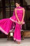 Shop_Pomcha Jaipur_Pink Georgette Embroidery Sweetheart Neck Bandhej Kurta Sharara Set _Online_at_Aza_Fashions